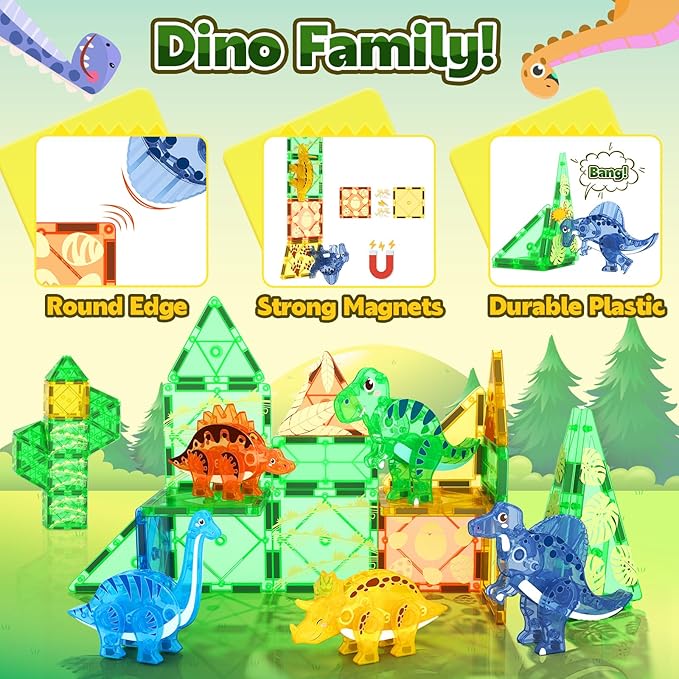 Dinosaur Toys Magnetic Tiles 3D Movable Dinos for Kids 3-5 5-7 Toddler Outdoor Sensory Toys, STEM Educational Magnetic Blocks for 3+ Years Old Boys Girls Kids Toy Nirvana Guru