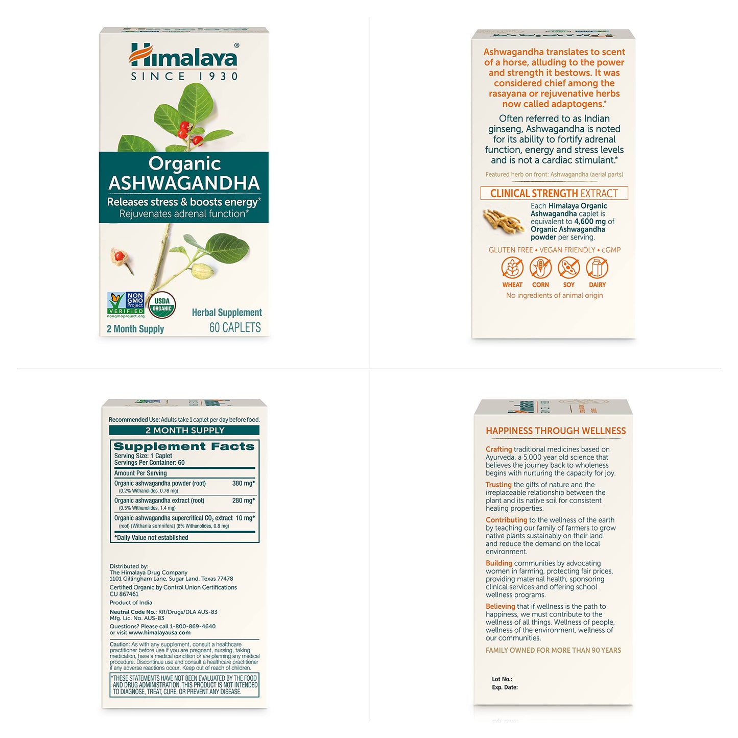 Himalaya Organic Ashwagandha, 120 Day Supply, Herbal Supplement for Stress Relief, Energy, Occasional Sleeplessness, Excipient Free, Organic, Non-GMO, Vegan, Gluten Free, 670 mg, 60 Caplets, 2 Pack - Nirvana Guru