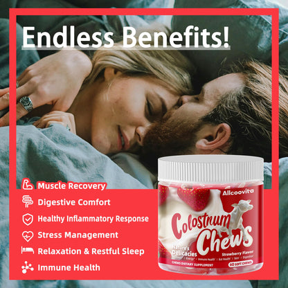 Bovine Colostrum Chews Supplement with probiotics for Gut Health, Bloating, Immune Support, Skin, Hair Growth and Beauty - Strawberry Flavor (60 Servings) Nirvana Guru