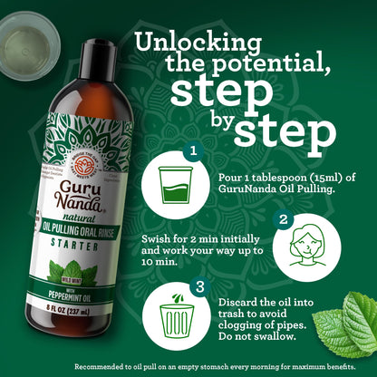 GuruNanda Starter Pulling Oil Mouthwash for Natural Teeth Whitening, Coconut and Peppermint Oil for Fresh Breath & Happy Gums, Alcohol-Free, 8 Oz Nirvana Guru