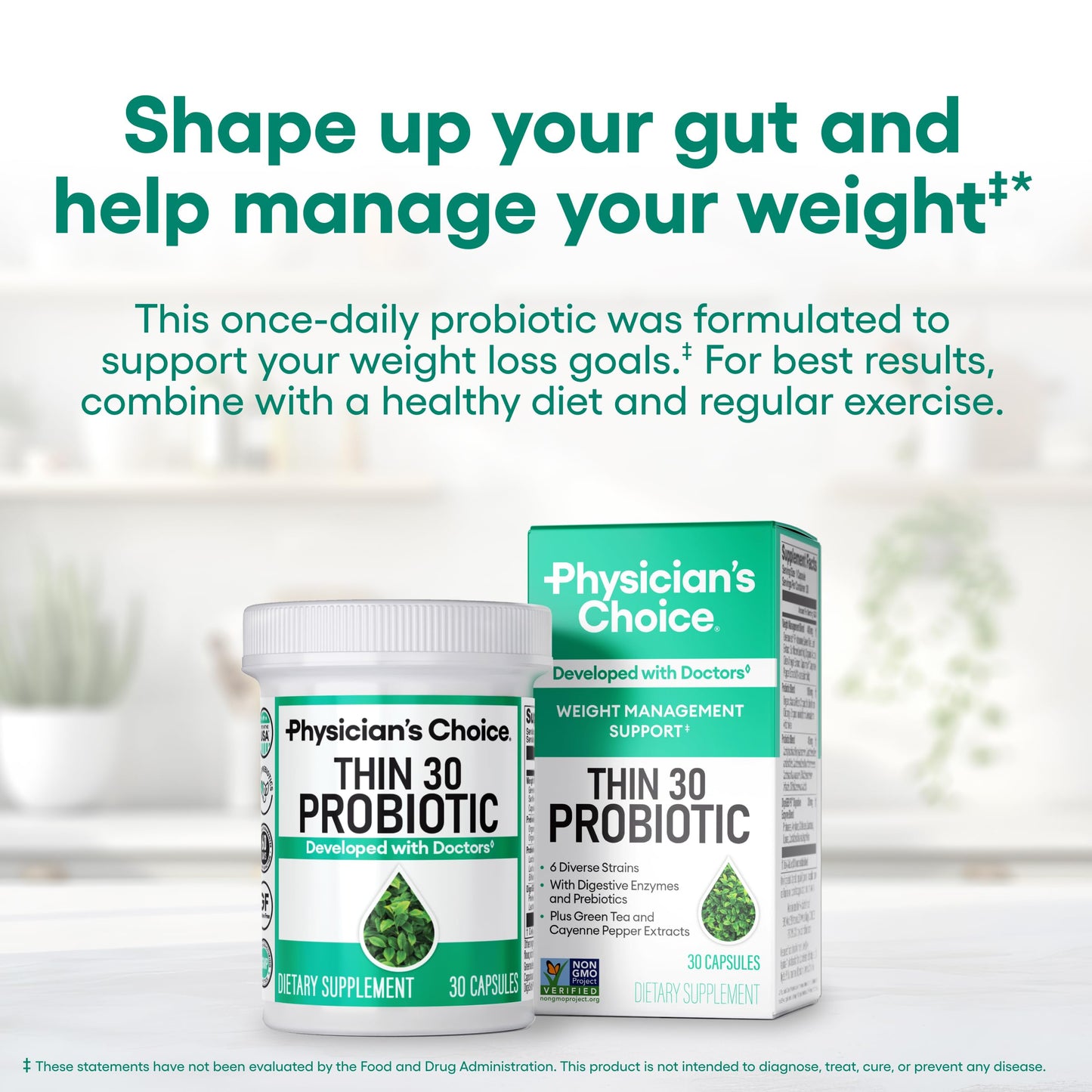 Physician's CHOICE Probiotics for Weight Management & Bloating - 6 Probiotic Strains - Prebiotics - Key ingredient Cayenne - Supports Gut Health - Weight Management for Women & Men - Green Tea - 30 CT