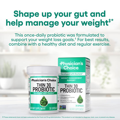 Physician's CHOICE Probiotics for Weight Management & Bloating - 6 Probiotic Strains - Prebiotics - Key ingredient Cayenne - Supports Gut Health - Weight Management for Women & Men - Green Tea - 30 CT