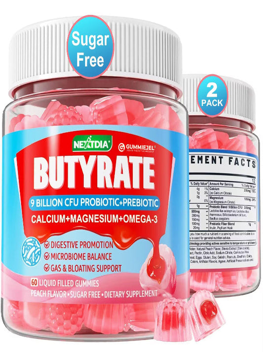 Butyrate Gummies with Probiotic + Prebiotic + Postbiotic, Omega-3 500mg,Fiber with 9 Billion CFU Probiotics, Calcium & Magnesium, Inulin,Psyllium Husk for Digestive Health,Bloating Support,Sugar Free Nirvana Guru