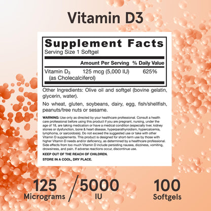 Jarrow Formulas Vitamin D3 125 mcg (5000 IU) - 100 Servings (Softgels) - Bone Health, Immune Support & Calcium Metabolism Support - Vitamin D Supplement - D3 Vitamins - 5000 IU Vitamin D - Gluten Free - Nirvana Guru
