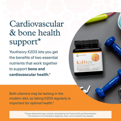 Youtheory K2D3 - Bone & Heart Health Support* - Combines Vitamin D3 & Vitamin K2 - Dairy, Soy & Gluten Free - 60 Vegetarian Capsules - Nirvana Guru