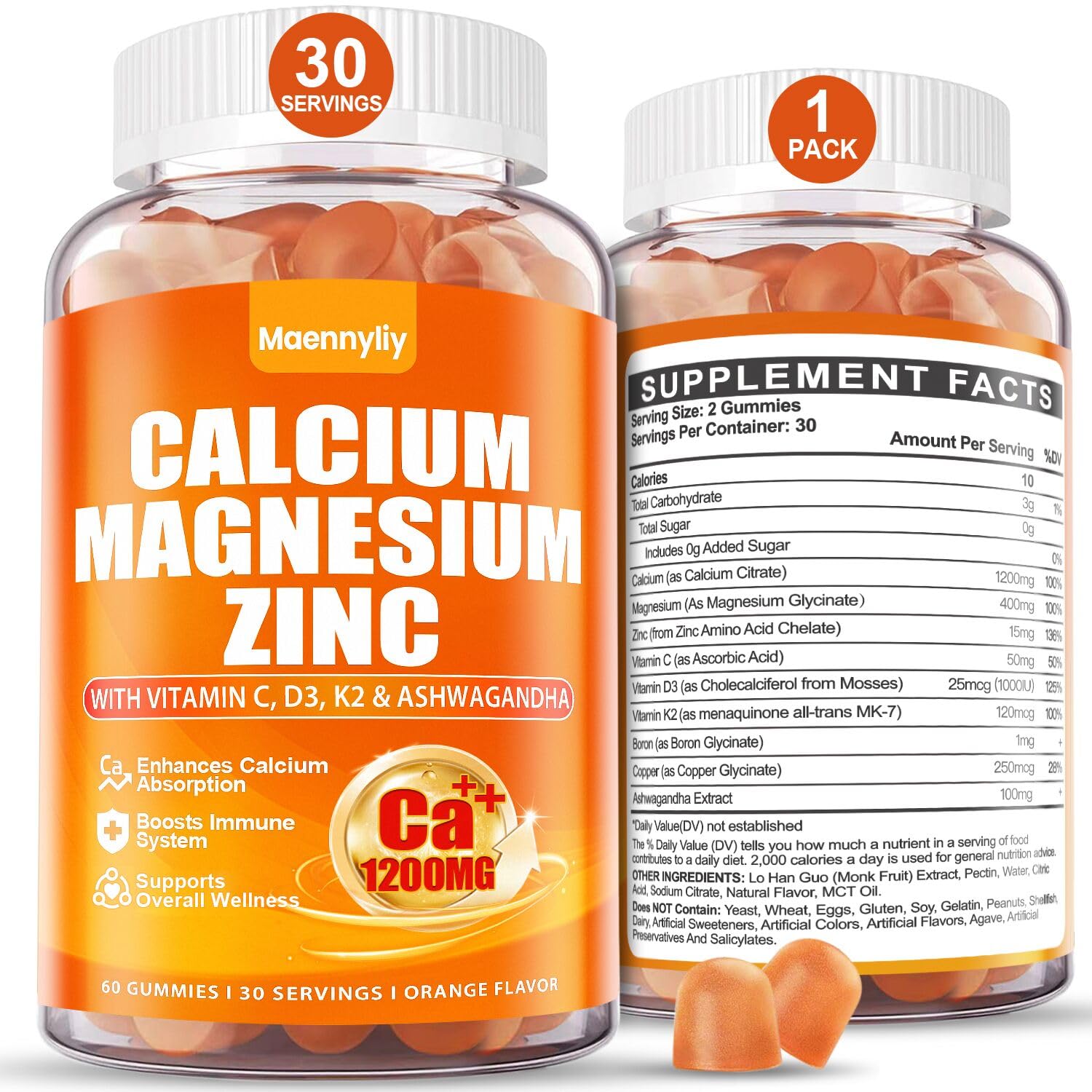 Calcium 1200 mg with Vitamin D3 Gummies for Adults - Calcium Citrate with Vitamin D3 K2, Magnesium, Zinc, Boron, Copper and Ashwagandha - Extra Absorption Calcium Supplement for Women Men Nirvana Guru