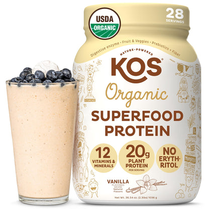 KOS Vegan Protein Powder Erythritol Free, Vanilla USDA Organic - Pea Protein Blend, Plant Based Superfood Rich in Vitamins & Minerals - Keto, Dairy Free - Meal Replacement for Women & Men, 28 Servings - Nirvana Guru