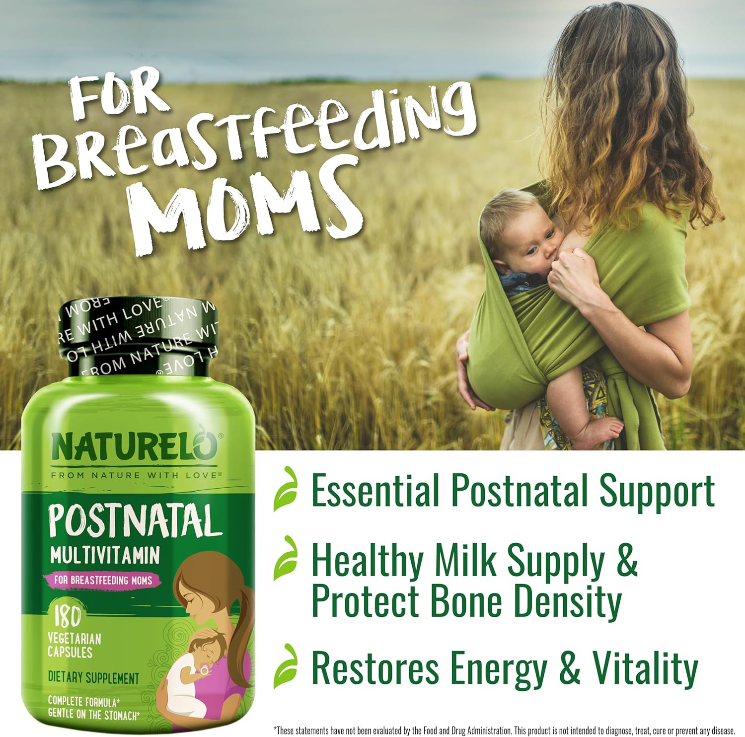 NATURELO Postnatal Multivitamin - Supplement for Breastfeeding Women - Plant-Based Vitamin D, Folate, Gentle Iron - for Nursing Mother, Baby - Post Natal Lactation Support 180 Capsules - Nirvana Guru