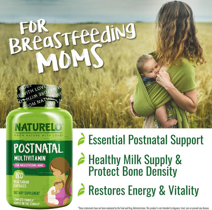 NATURELO Postnatal Multivitamin - Supplement for Breastfeeding Women - Plant-Based Vitamin D, Folate, Gentle Iron - for Nursing Mother, Baby - Post Natal Lactation Support 180 Capsules - Nirvana Guru