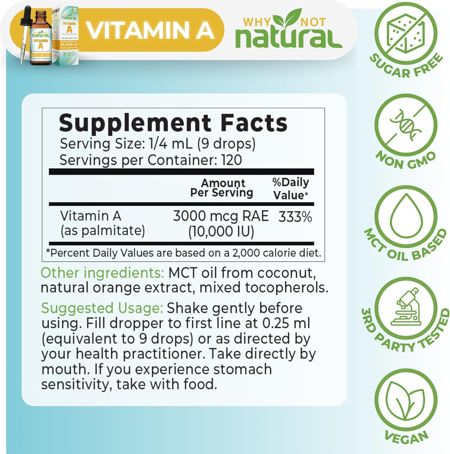 Why Not Natural Vitamin A Drops 10000 IU - Liquid retinyl Palmitate with Coconut MCT Oil, Vegan VIT A Supplement for Skin - 1 oz sublingual Tincture Nirvana Guru