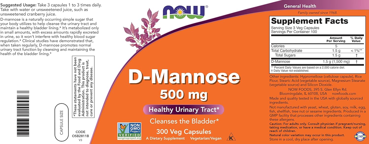 Now D-Mannose 500 mg, 300 Capsules - Vegan, Non GMO Supplement for Women and Men - Supports Healthy Urinary Tract, Cleanses The Bladder - Nirvana Guru