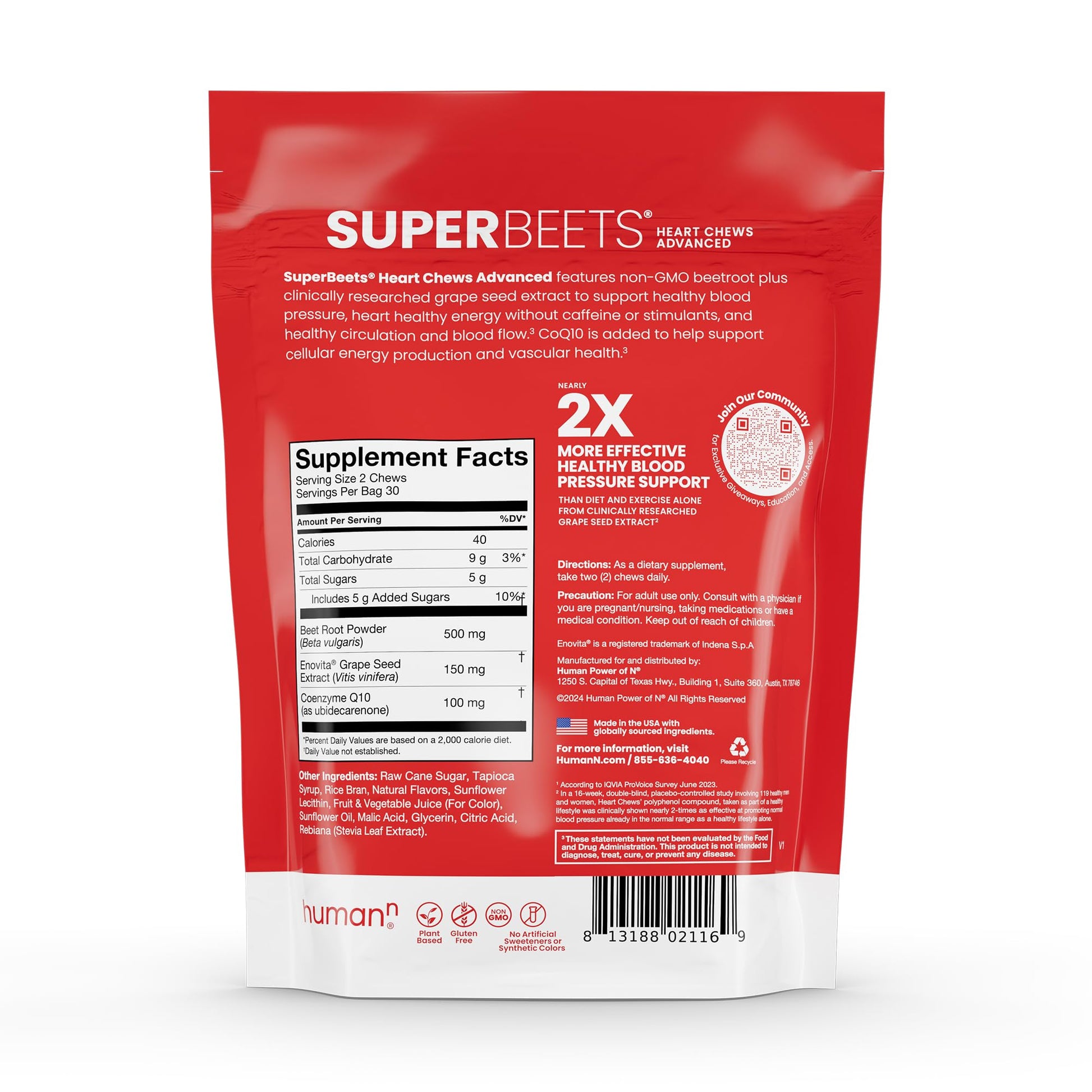 humanN SuperBeets Heart Chews Advanced - 3-in-1 Formula with Beetroot, Grape Seed Extract, & CoQ10, 60 Count - Nirvana Guru
