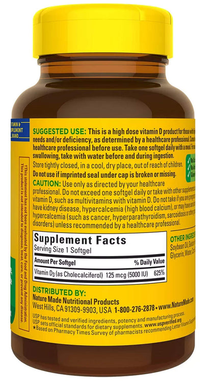 Nature Made Extra Strength Vitamin D3 5000 IU (125 mcg), Dietary Supplement for Bone, Teeth, Muscle and Immune Health Support, 180 Softgels, 180 Day Supply - Nirvana Guru
