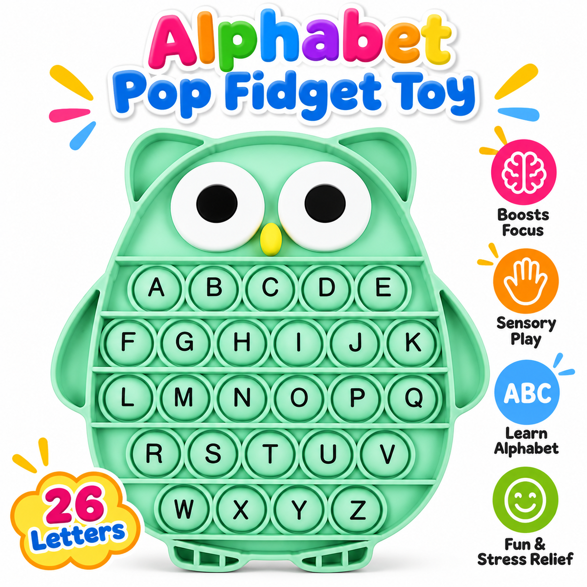 Push Pop Bubble Fidget Sensory Toy - Silicone Stress Relief Popping Toy - ABC Alphabet Owl Shaped Educational Learning Tools for Toddlers Kids Students (Black Letters-Green)