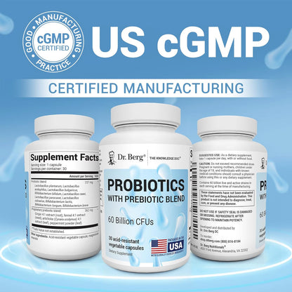 Dr. Berg Probiotic Supplement (60 Billion CFUs) - Helps Ease Occasional Constipation, Diarrhea, Gas & Bloating* - Pre and Probiotics for Digestive Health - 30 Probiotic Capsules - Nirvana Guru