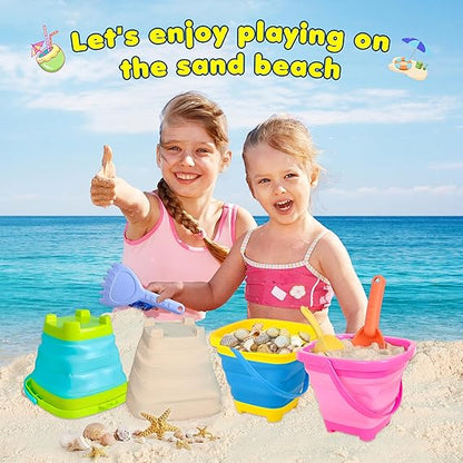 Collapsible Beach Sand Bucket 3 Packs Foldable Buckets Set with Shovels & Mesh Bag Collapsible Beach Toys for Kids Summer Sand Buckets for Kids Cruise Beach Essentials nirvanaguru