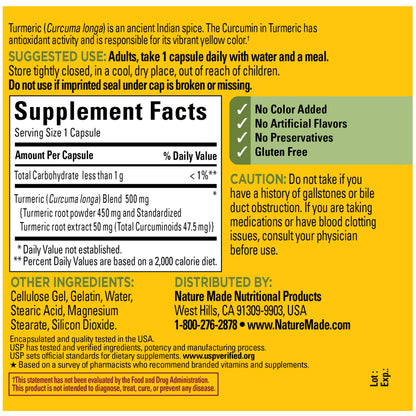 Nature Made Turmeric Curcumin 500 mg, Herbal Supplement for Antioxidant Support, 120 Capsules, 120 Day Supply - Nirvana Guru
