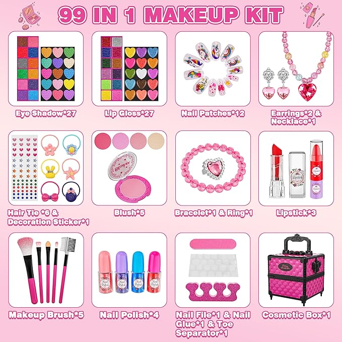 99 Pcs Kids Makeup Kit for Girls, Princess Toys Real Washable Cosmetics Set with Mirror, Hair Ties, Nails, Rings, Earrings, Necklace, Perfect for 3 4 5 6 7 8 Year Old Girls Birthday Nirvana Guru