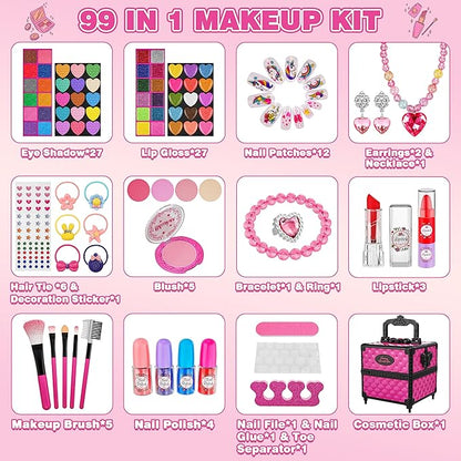 99 Pcs Kids Makeup Kit for Girls, Princess Toys Real Washable Cosmetics Set with Mirror, Hair Ties, Nails, Rings, Earrings, Necklace, Perfect for 3 4 5 6 7 8 Year Old Girls Birthday Nirvana Guru