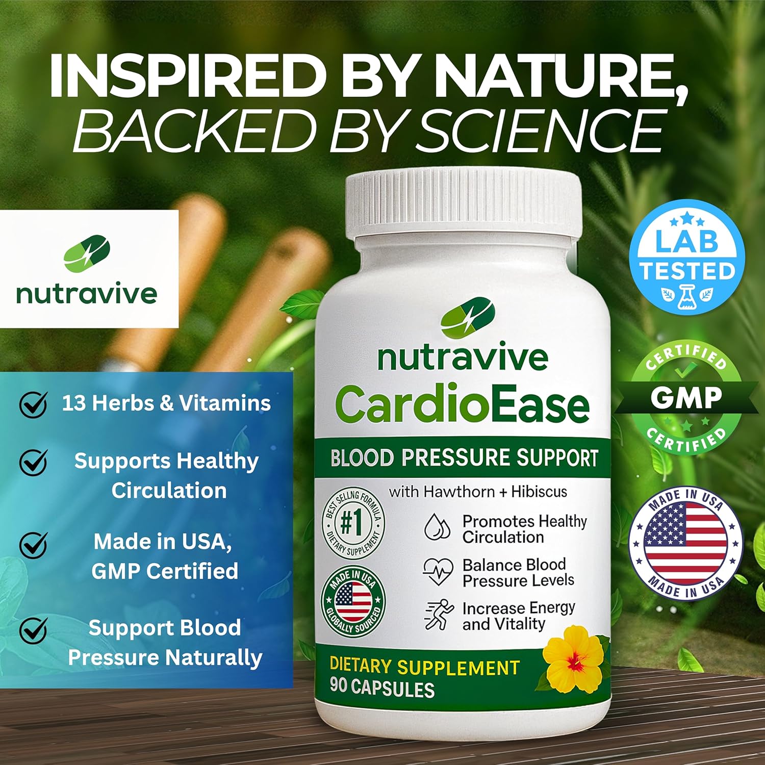 Nutravive Blood Pressure Support Supplement – Natural Heart & Circulation Support with Hawthorn, Garlic, Olive Leaf, Hibiscus & B12 – USA Made, GMP Facility, Third-Party Tested – 90 Capsules Nirvana Guru