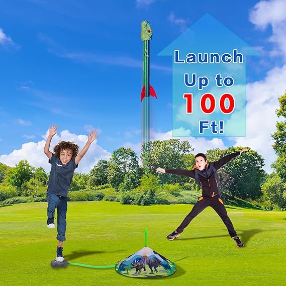 Dinosaur Toy Rocket Launcher for Kids - Launch Up to 100 Ft, 4 Rockets, Outdoor Outside Toys for Kids, Dinosaur Toys, Birthday Gifts for 3 4 5 6 7 8-12 Year Old Boys Girls nirvanaguru