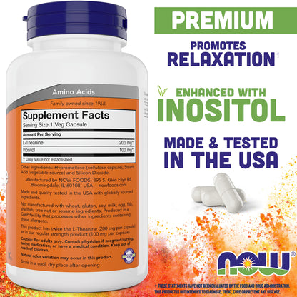 NOW Foods L-Theanine, Double Strength 200 mg Per Cap - 180 Veg Capsules - Enhanced with 100mg Inositol - Vegetarian, Non-GMO - Ltheanine 200mg Supplement - Nirvana Guru