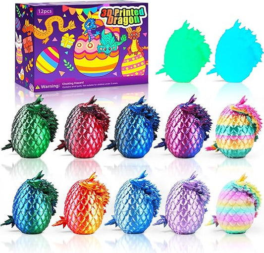 3D Printed Mini Dragon Eggs Set with Dragon Inside, Articulated Crystal Fidget Toy, Cool Stuff Fun Gifts for Adults, Teens, Boy, Easter Basket Stuffers, 12PCS nirvanaguru