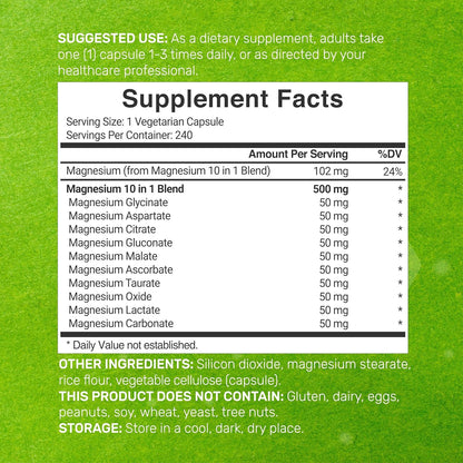 Magnesium Complex 500mg, 240 Veggie Capsules | 10-in-1 Glycinate, Citrate, Malate, & More | 100% Chelated for Easy Absorption | Essential Mineral Supplement for Muscle, Sleep, & Heart Health Nirvana Guru