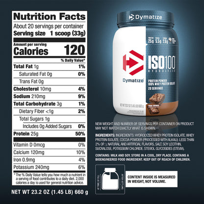 Dymatize ISO100 Whey Protein Powder Isolate, Gourmet Chocolate, 25g of Protein, 20 Servings, 5.5g BCAAs, Less Than 120 Cal., Gluten Free, 1g Fat, 1g Sugar, 2g Carb
