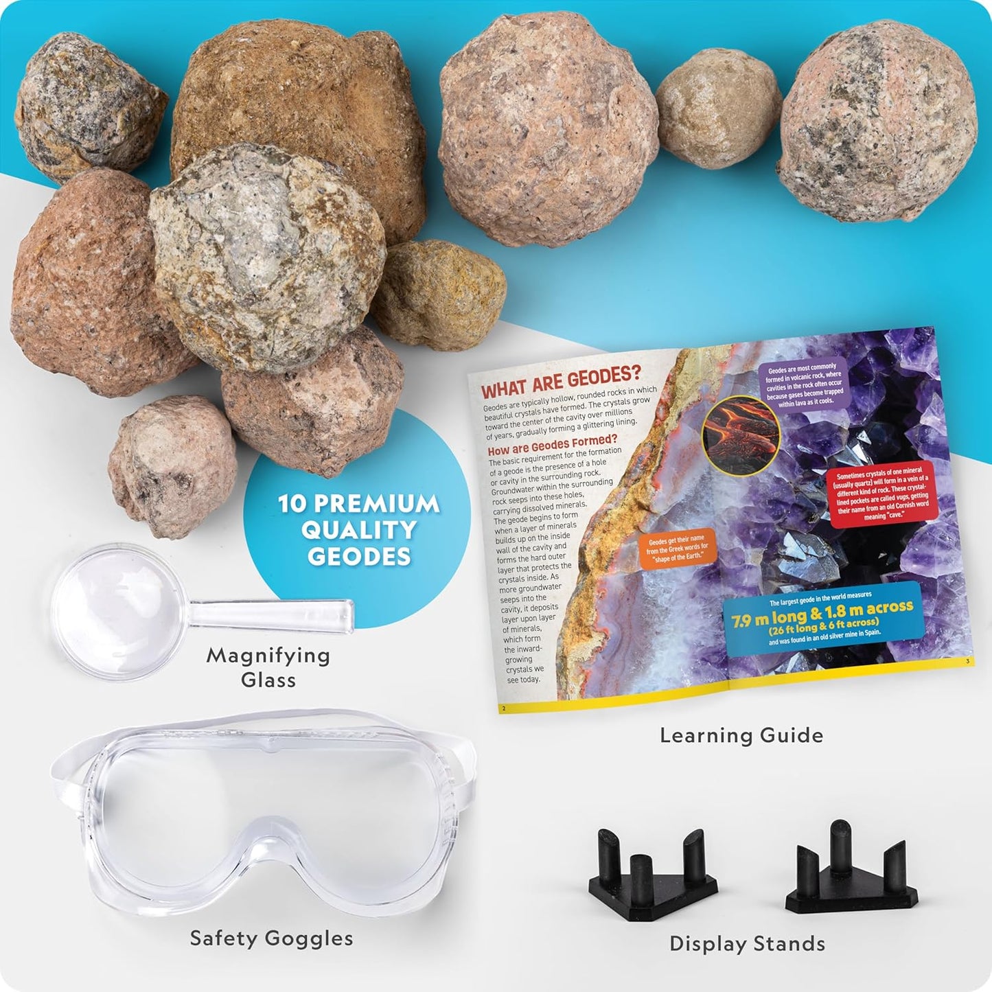 National Geographic Break Open 10 Premium Geodes – Includes Goggles & 2 Display Stands - Great STEM Science Kit, Geology Gift for Kids, Break Your Own Geodes with Crystals Nirvana Guru