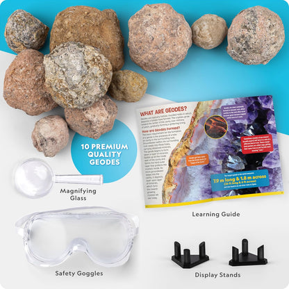 National Geographic Break Open 10 Premium Geodes – Includes Goggles & 2 Display Stands - Great STEM Science Kit, Geology Gift for Kids, Break Your Own Geodes with Crystals Nirvana Guru