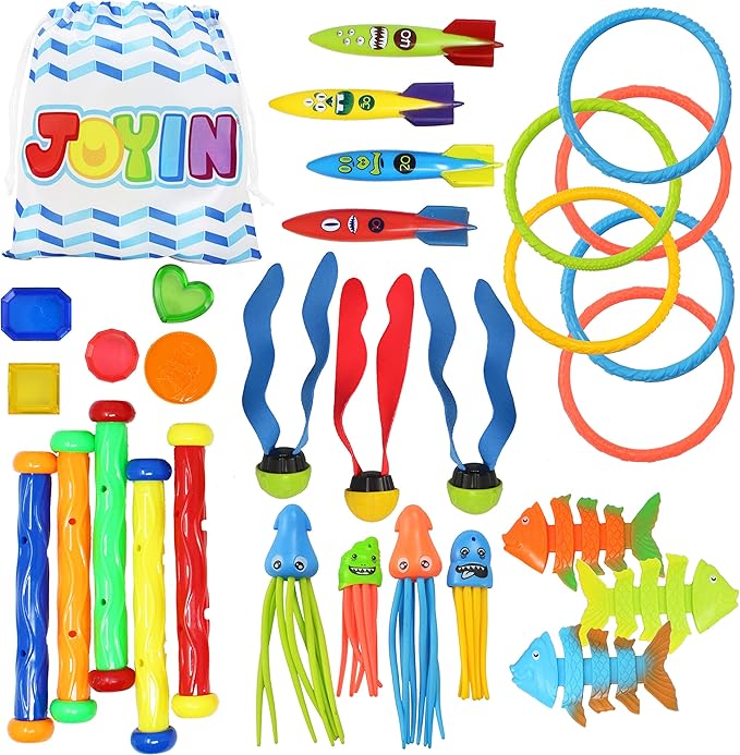 JOYIN 30 Pcs Diving Pool Toys for Kids Ages 3-12 Jumbo Set with Storage Bag Pool Games Summer Swim Water FishToys nirvanaguru