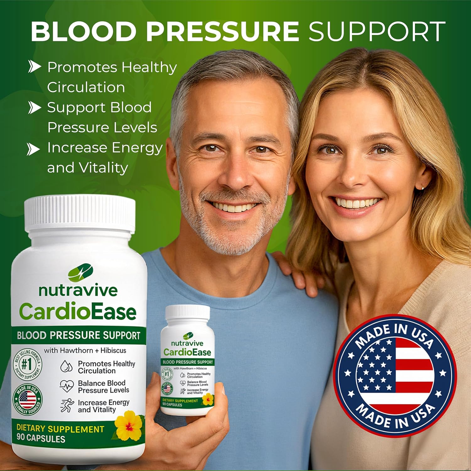 Nutravive Blood Pressure Support Supplement – Natural Heart & Circulation Support with Hawthorn, Garlic, Olive Leaf, Hibiscus & B12 – USA Made, GMP Facility, Third-Party Tested – 90 Capsules Nirvana Guru