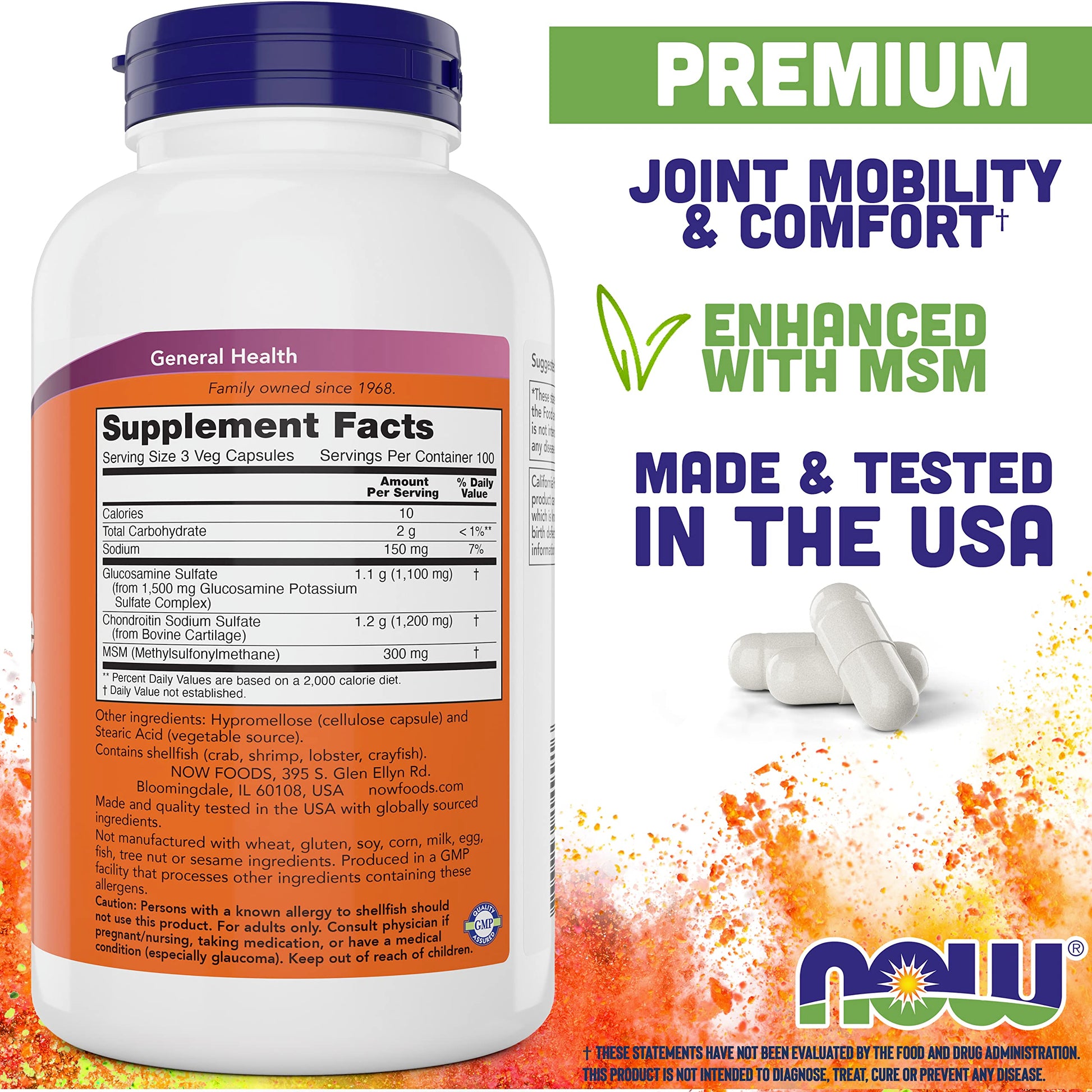 NOW Foods Supplements, Glucosamine & Chondroitin with MSM, Joint Health, Mobility and Comfort*, 180 Veg Capsules - Nirvana Guru
