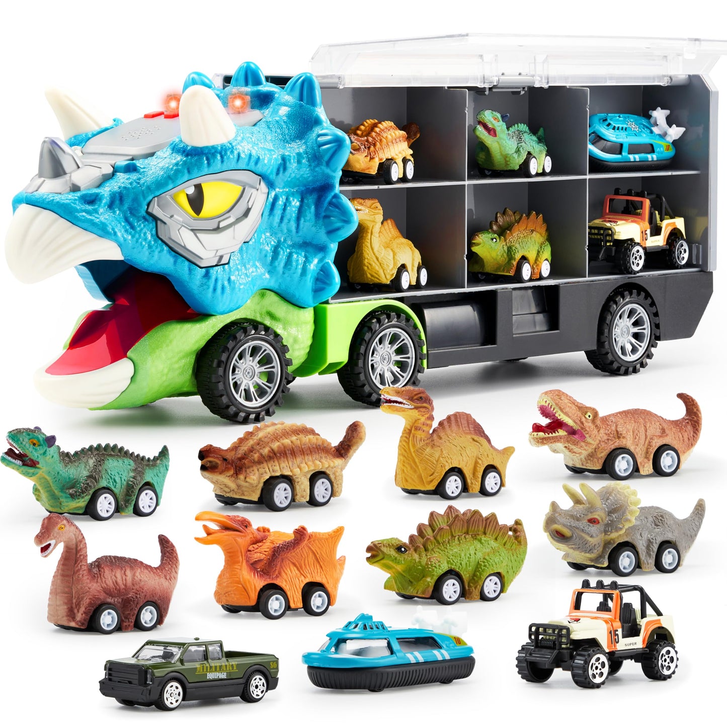 JOYIN 13 in 1 Dinosaur Toys for Kids 3-5, Dinosaur Truck with 12 Pull Back Cars, Small Cars Set, Birthday Gifts Toys for 3 4 5+ Year Old Boy, Transport Carrier Truck for Toddlers 3-4 Years Nirvana Guru