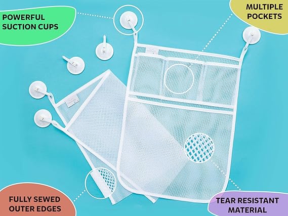 2 x Mesh Bath Toy Organizer + 8 Ultra Strong Hooks – The Perfect Bathtub Toy Holder & Bathroom or Shower Caddy – These Multi-use Net Bags Make Baby Bath Toy Storage Easy – For Kids & Toddlers nirvanaguru