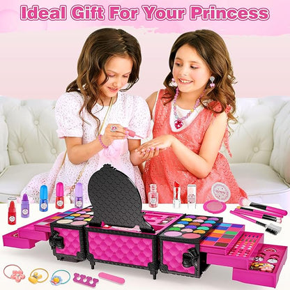 99 Pcs Kids Makeup Kit for Girls, Princess Toys Real Washable Cosmetics Set with Mirror, Hair Ties, Nails, Rings, Earrings, Necklace, Perfect for 3 4 5 6 7 8 Year Old Girls Birthday Nirvana Guru