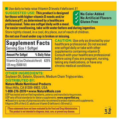 Nature Made Extra Strength Vitamin D3 5000 IU (125 mcg), Dietary Supplement for Bone, Teeth, Muscle and Immune Health Support, 180 Softgels, 180 Day Supply - Nirvana Guru
