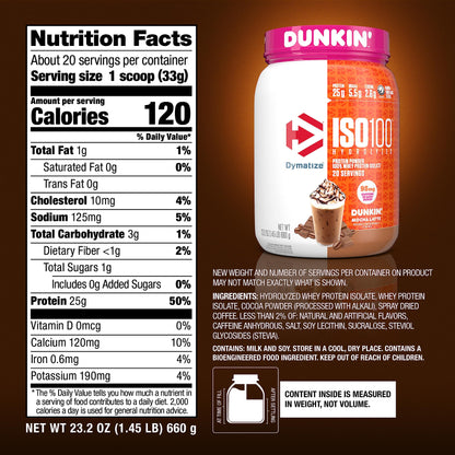 Dymatize ISO100 Whey Protein Powder Isolate, Gourmet Chocolate, 25g of Protein, 20 Servings, 5.5g BCAAs, Less Than 120 Cal., Gluten Free, 1g Fat, 1g Sugar, 2g Carb