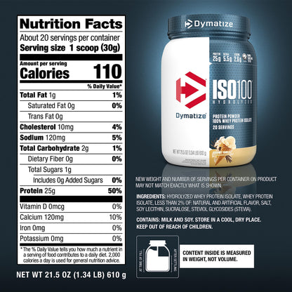 Dymatize ISO100 Whey Protein Powder Isolate, Gourmet Chocolate, 25g of Protein, 20 Servings, 5.5g BCAAs, Less Than 120 Cal., Gluten Free, 1g Fat, 1g Sugar, 2g Carb