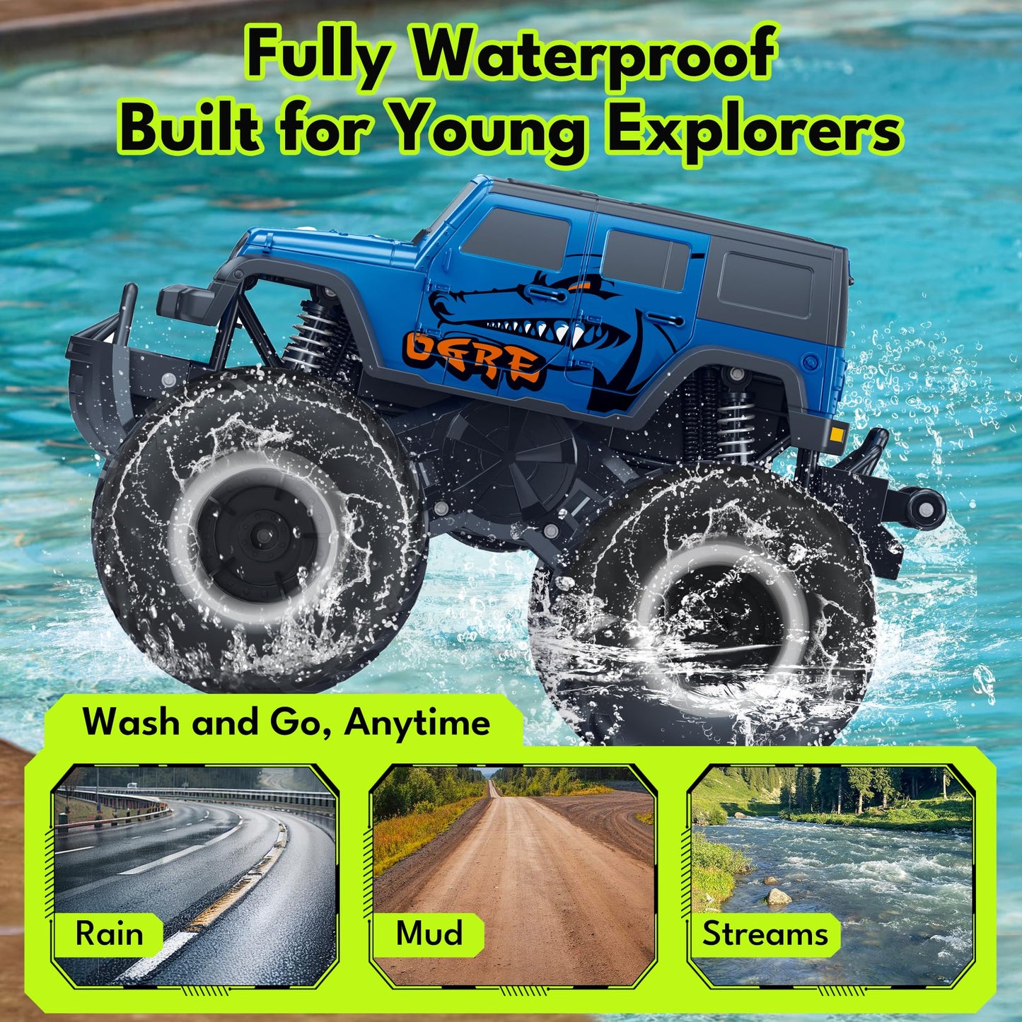 Threeking 1:16 Waterproof Monster Truck Toys RC Cars Amphibious Remote Control Car Trucks 4WD All Terrain Off-Road Pickup Toy for 6 7 8 9 10 11 12 Year Old Boys Girls Kids Gifts Presents Nirvana Guru