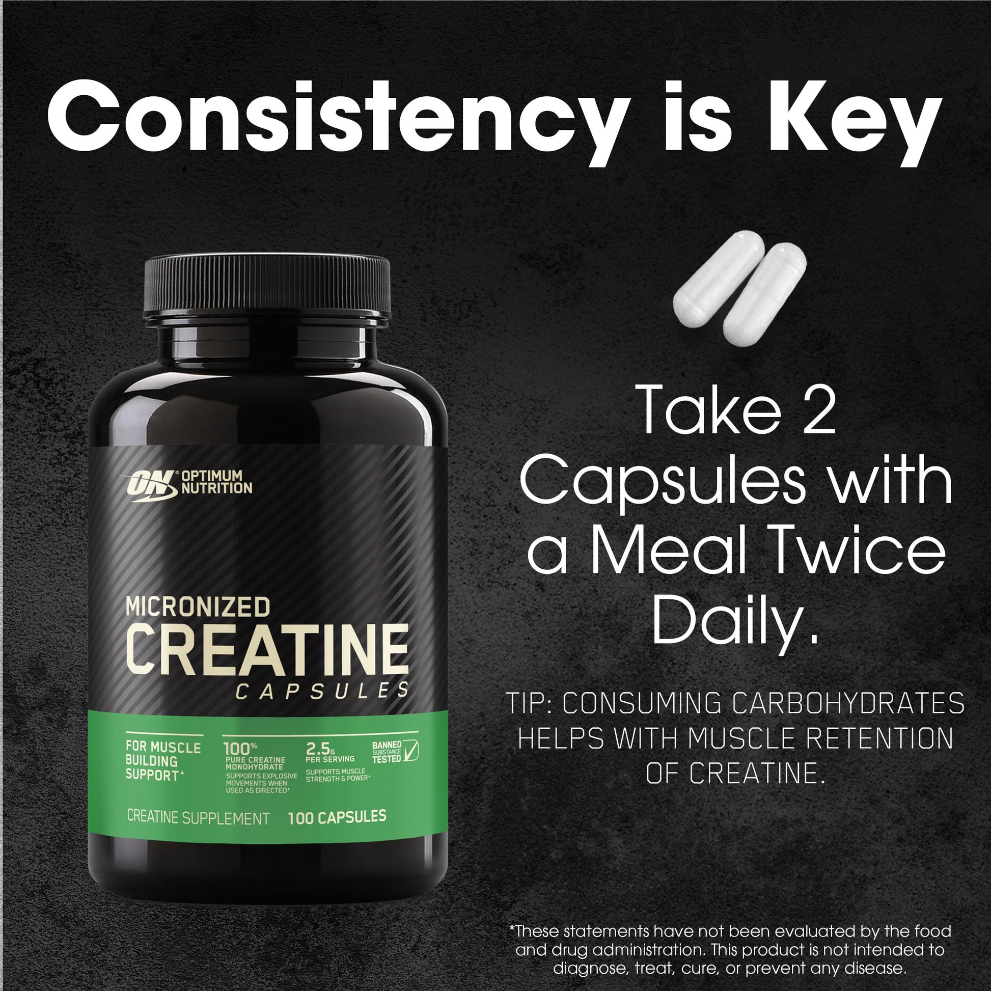 Optimum Nutrition Micronized Creatine Monohydrate Capsules, Keto Friendly, 2500mg, 100 Capsules - Nirvana Guru