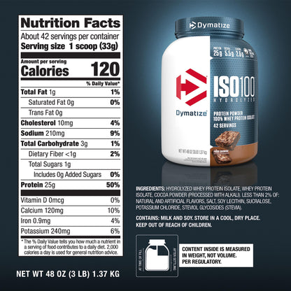 Dymatize ISO100 Whey Protein Powder Isolate, Gourmet Chocolate, 25g of Protein, 20 Servings, 5.5g BCAAs, Less Than 120 Cal., Gluten Free, 1g Fat, 1g Sugar, 2g Carb