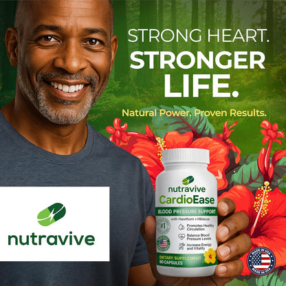 Nutravive Blood Pressure Support Supplement – Natural Heart & Circulation Support with Hawthorn, Garlic, Olive Leaf, Hibiscus & B12 – USA Made, GMP Facility, Third-Party Tested – 90 Capsules Nirvana Guru