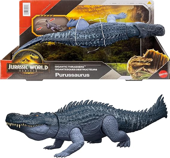 Mattel Jurassic World Rebirth Gigantic Thrashers Dinosaur Figure, Purussaurus Large Species Toy, 2 Rampage Attacks, Digital Play nirvanaguru