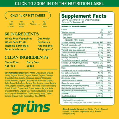 Gruns Adults Super Greens Gummies, Multivitamin Superfood Gummy Bears with Spirulina, Chlorella, Prebiotics & Fiber for Digestive Health, Adaptogens Supplement with 20 Vitamins & Minerals, 28 Count