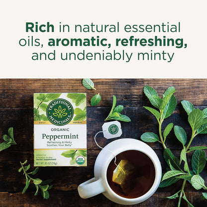 Traditional Medicinals Tea, Organic Peppermint, Soothes Your Belly, Refreshing & Minty, 96 Tea Bags (6 Pack) - Nirvana Guru