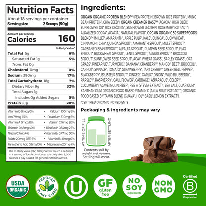Orgain Organic Vegan Protein + 50 Superfoods Powder, Vanilla Bean - 21g Plant Based Protein, 8g Prebiotic Fiber, No Lactose Ingredients, Gluten Free, No Added Sugar, Non-GMO, 2.02 lb