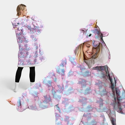 Giggling Getup Wearable Blanket Hoodie for Women and Men Sherpa Fleece Hooded Blanket Sweatshirt Warm Cozy Sherpa Wearable Throw Oversized Hoodie with Giant Pocket & Sleeves for Adult Unicorn nirvanaguru
