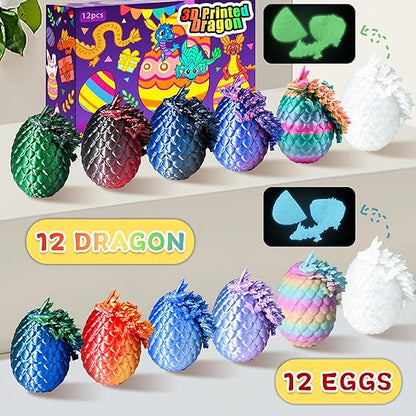 3D Printed Mini Dragon Eggs Set with Dragon Inside, Articulated Crystal Fidget Toy, Cool Stuff Fun Gifts for Adults, Teens, Boy, Easter Basket Stuffers, 12PCS nirvanaguru